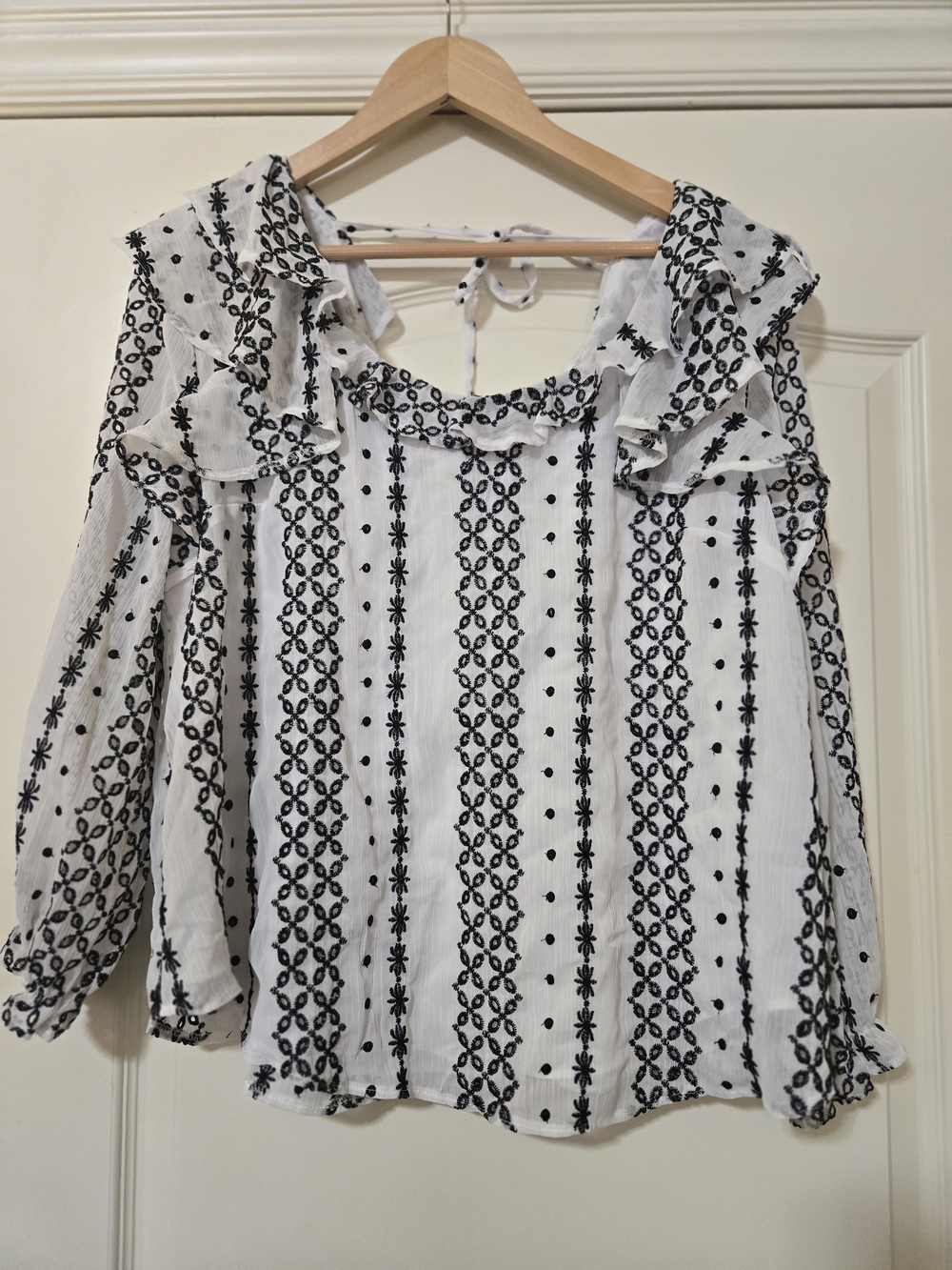 Cato Collection White Blouse with Black Embroidered Stripes and Ruffle Collar